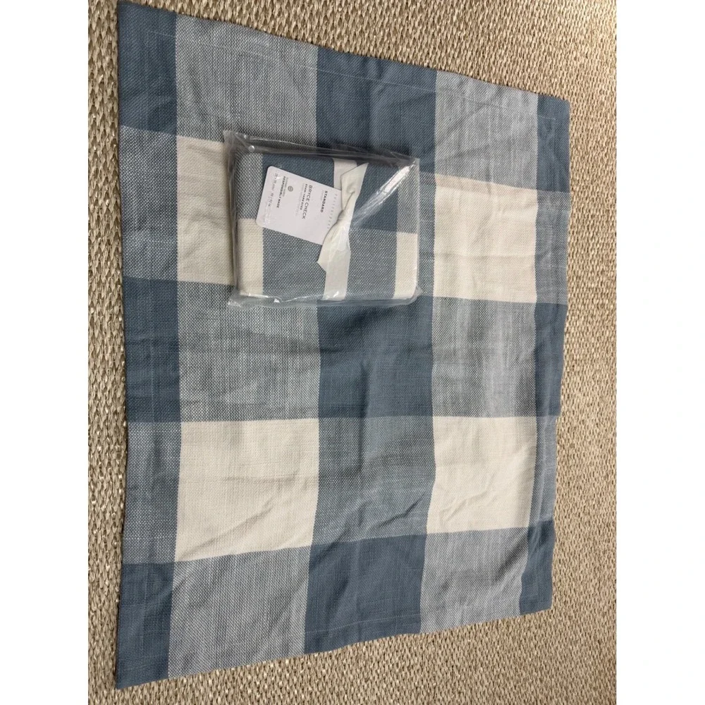 Pottery Barn Bryce Check Standard Sham Set 2 Chambray Blue White Cotton NEW